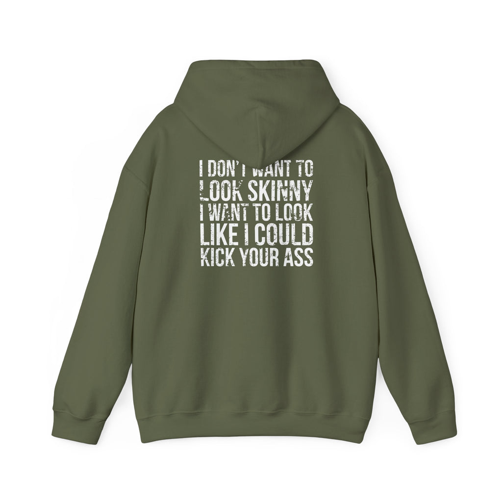 I DON’T WANT TO LOOK SKINNY – Unisex Heavy Blend™ Hooded Sweatshirt (White Distressed Logo)