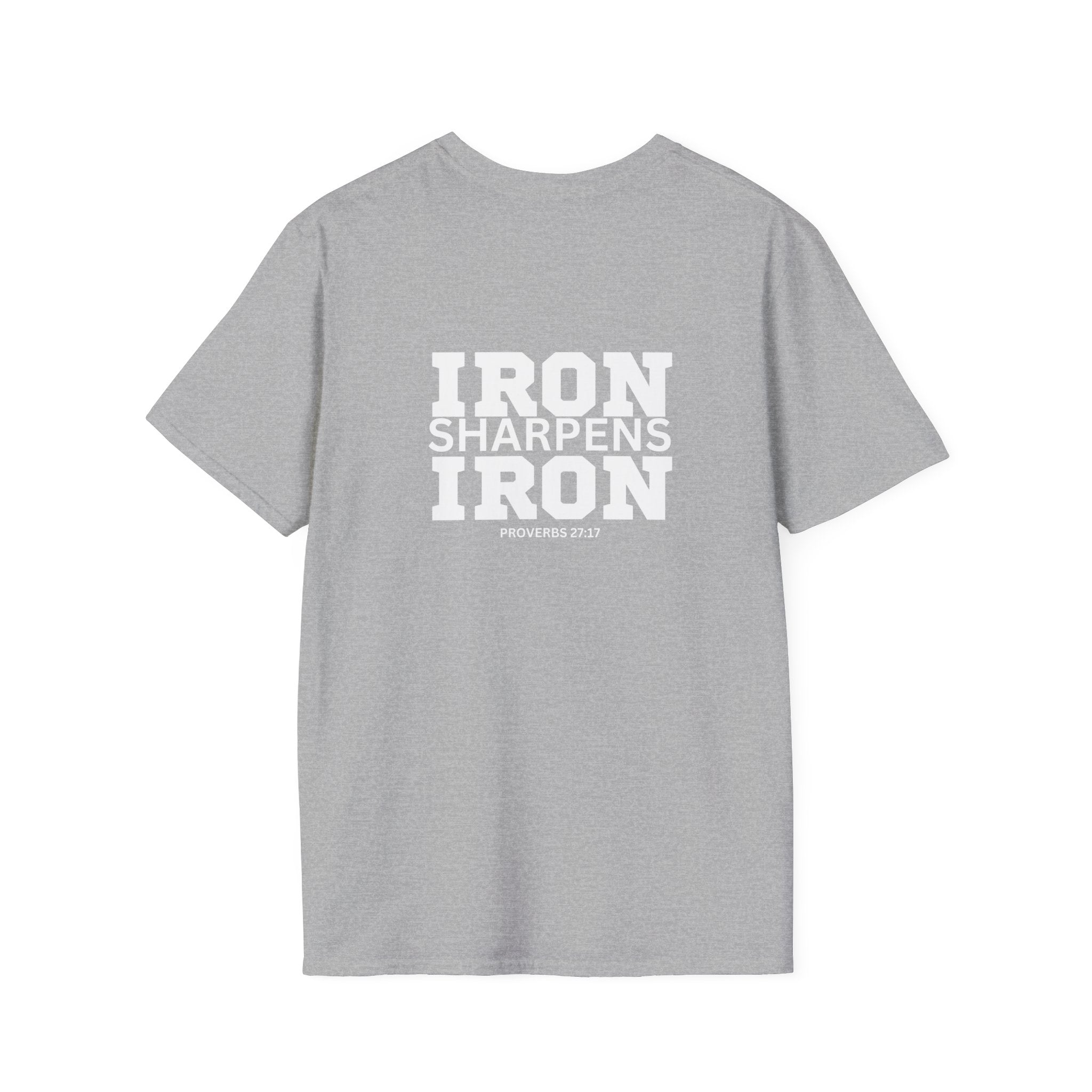 Iron Sharpens Iron - Unisex Softstyle T-Shirt - White Logo Front & Back