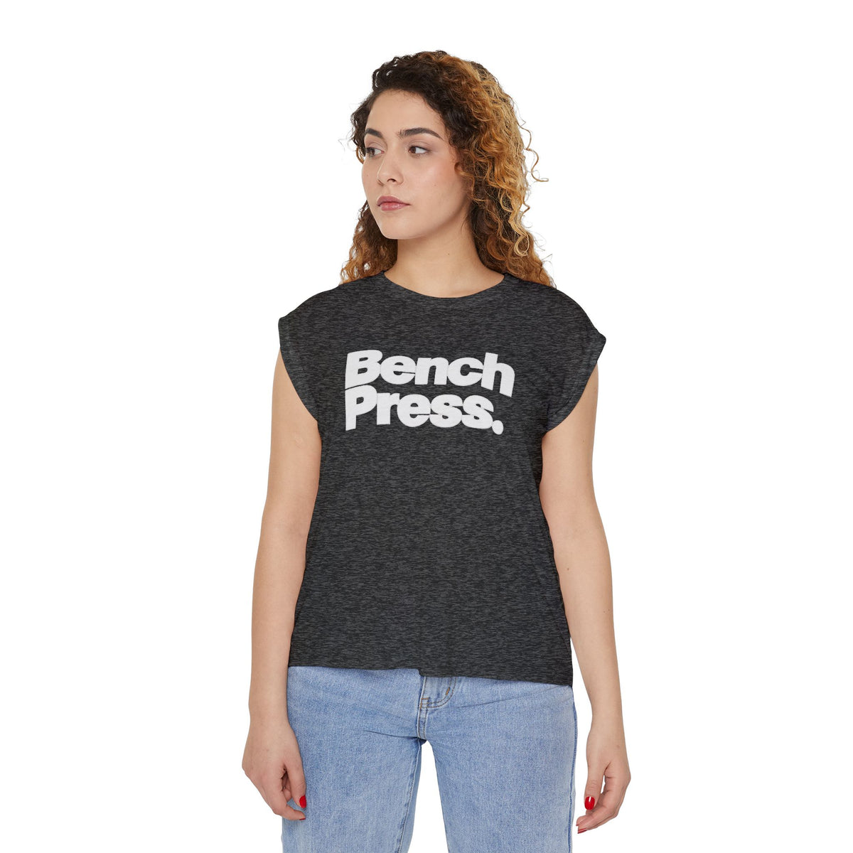 Bench. Press. Women’s Muscle Tee — Flowy Rolled Cuff Gym Top