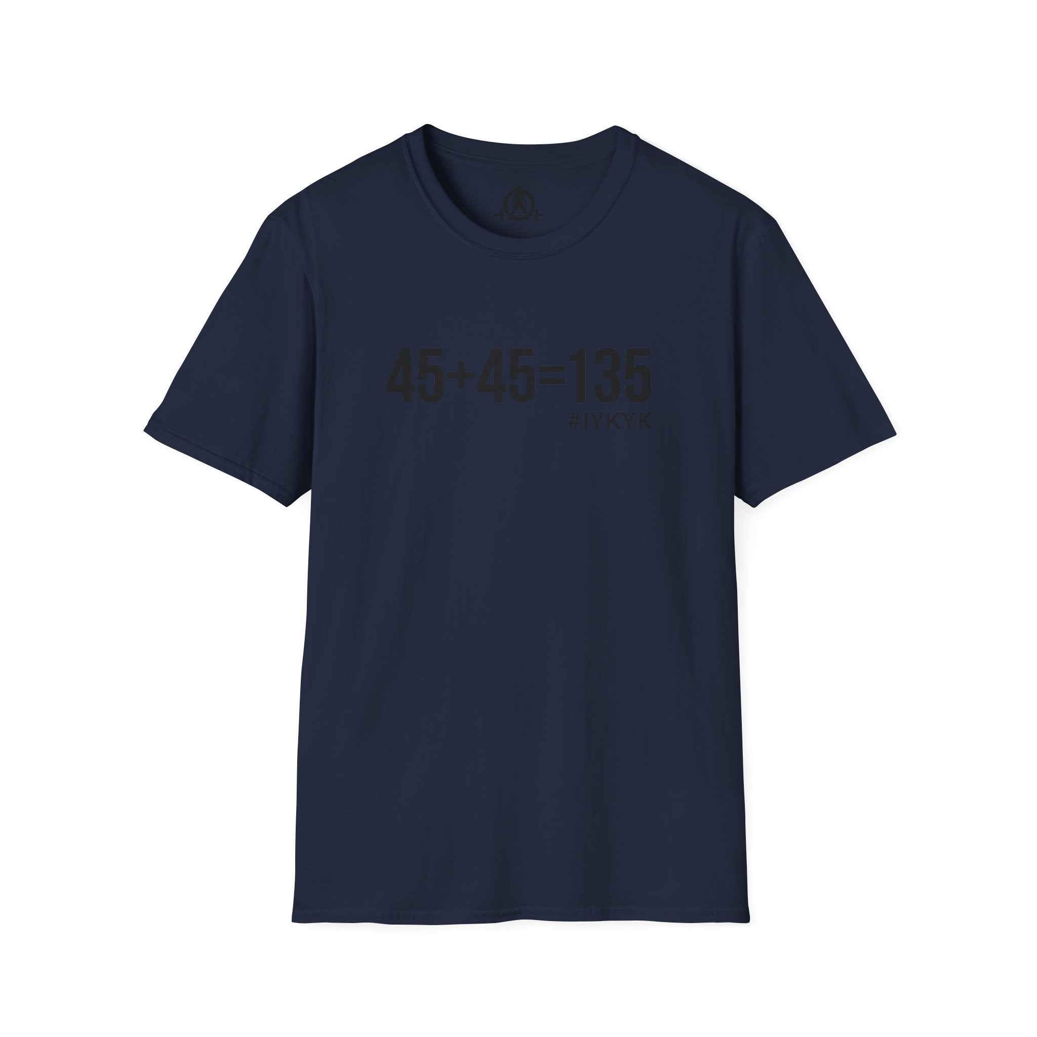 45 + 45 = 135 - Unisex Softstyle T-Shirt - Black Print on Front Plain Back