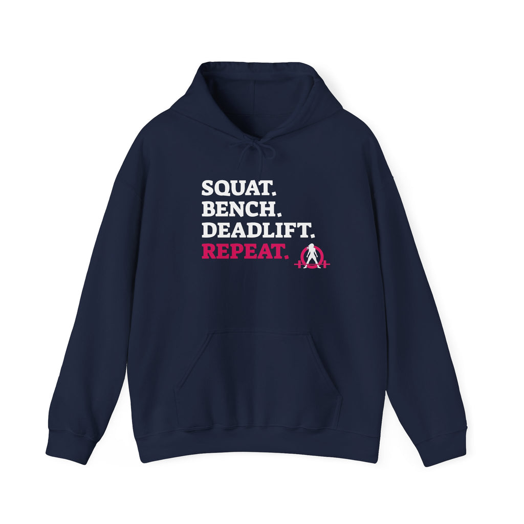 WWLW “Squat • Bench • Deadlift • Repeat” Hoodie - White Logo - Plain Back