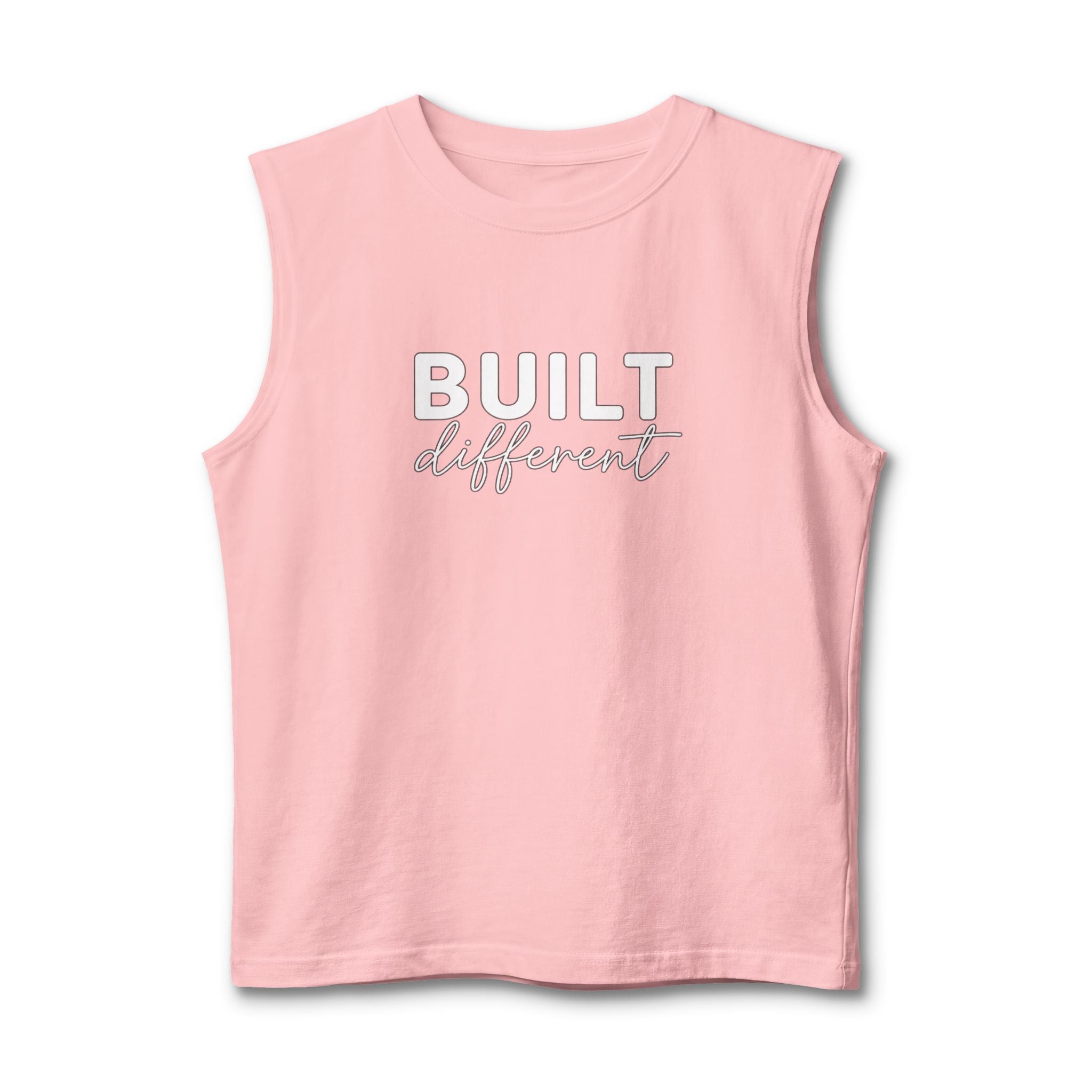 Built Different Muscle Tank — White Logo Front & Back