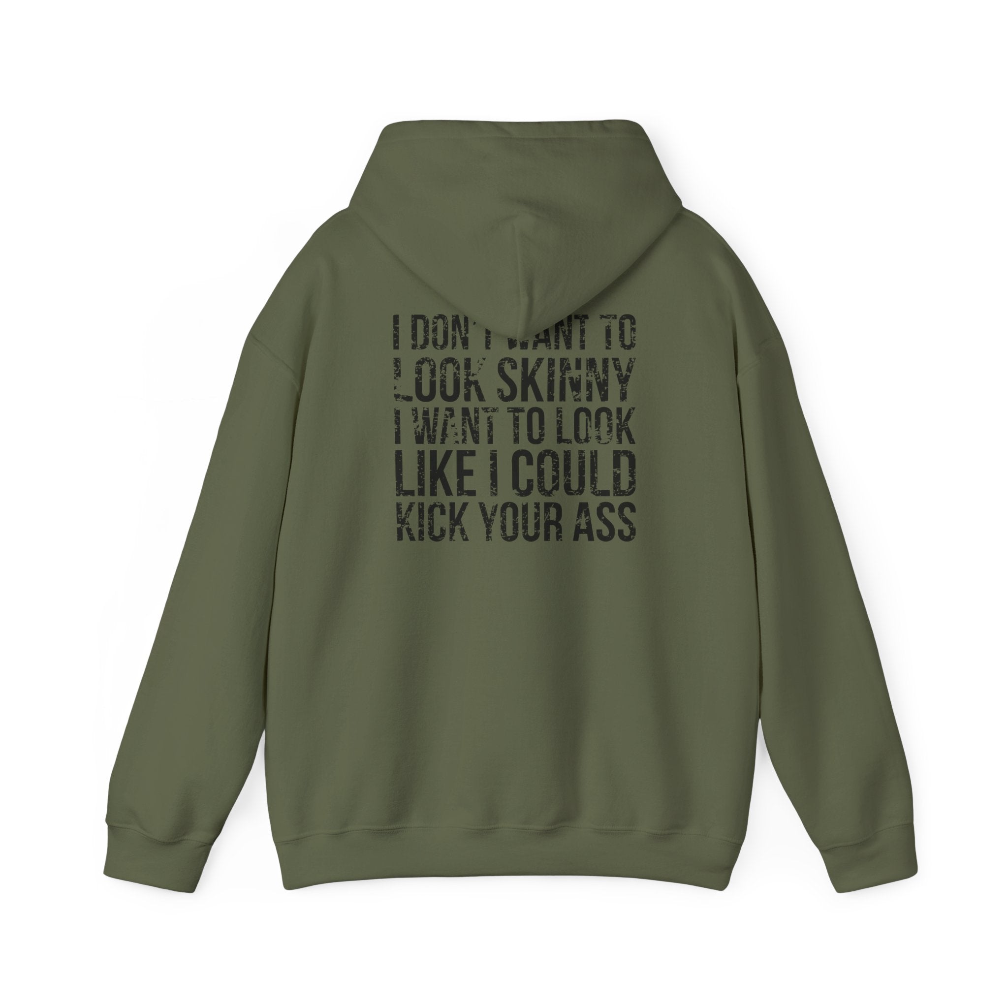 I DON’T WANT TO LOOK SKINNY – Unisex Heavy Blend™ Hooded Sweatshirt (Black Logo) 🤍💪🔥