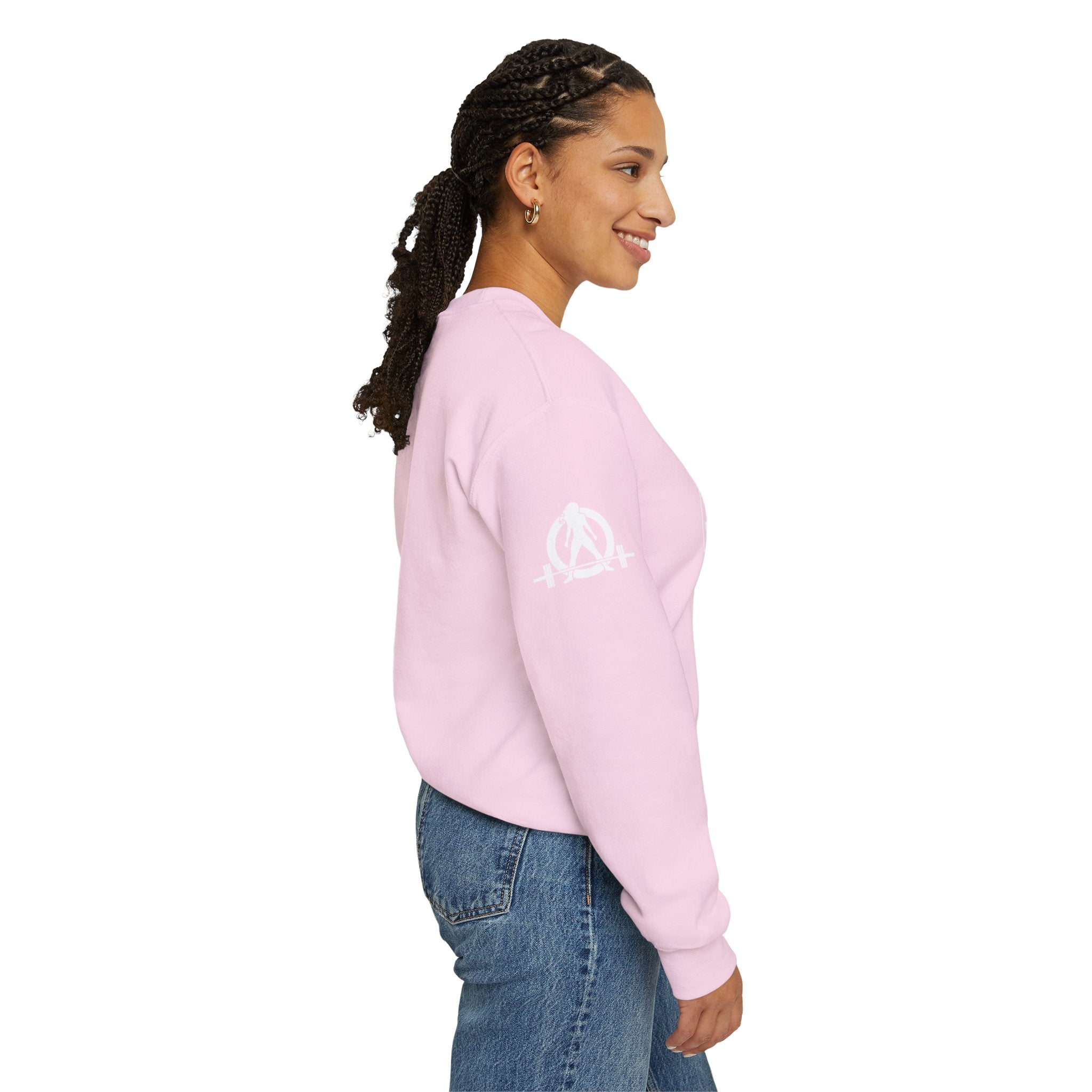 She is STRONG - Unisex Heavy Blend™ Crewneck Sweatshirt - Front White Logo - Plain Back