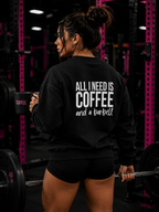 ALL I NEED IS COFFEE and a Barbell - Unisex Heavy Blend™ Crewneck Sweatshirt - Distressed Logo - Front & Back