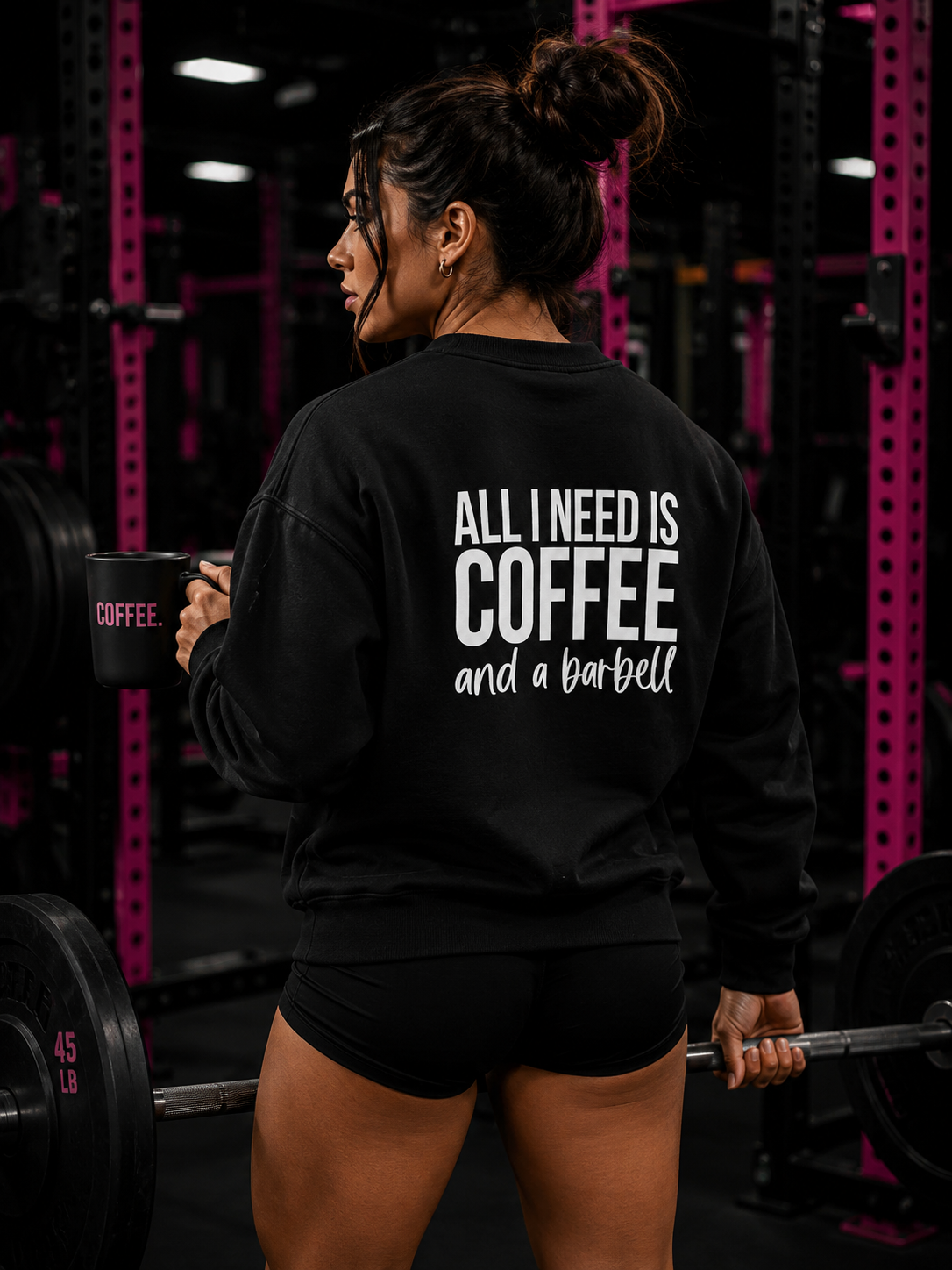 ALL I NEED IS COFFEE and a Barbell - Unisex Heavy Blend™ Crewneck Sweatshirt - Distressed Logo - Front & Back
