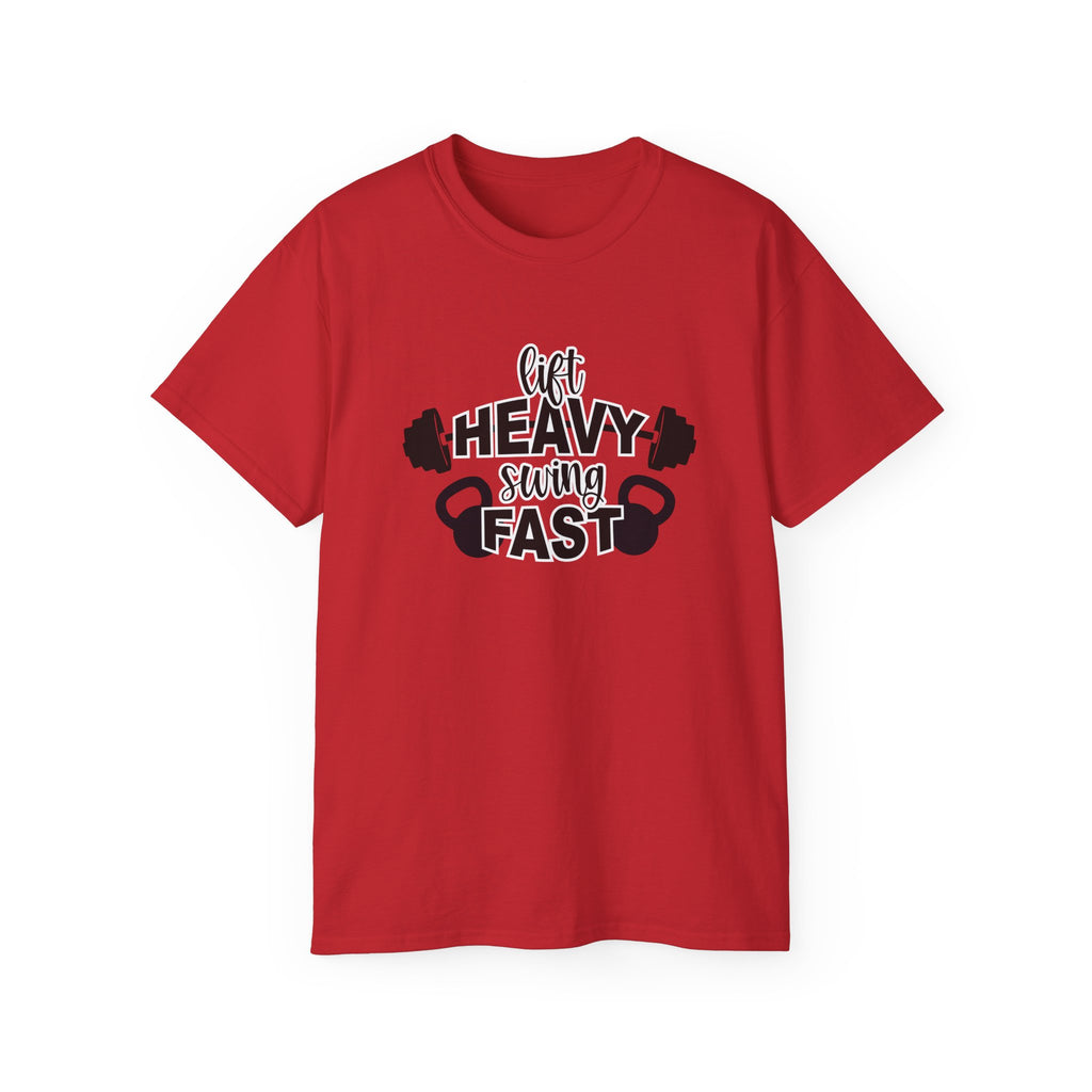 Lift Heavy Swing Fast - Unisex Ultra Cotton Tee - Black Logo Plain Back