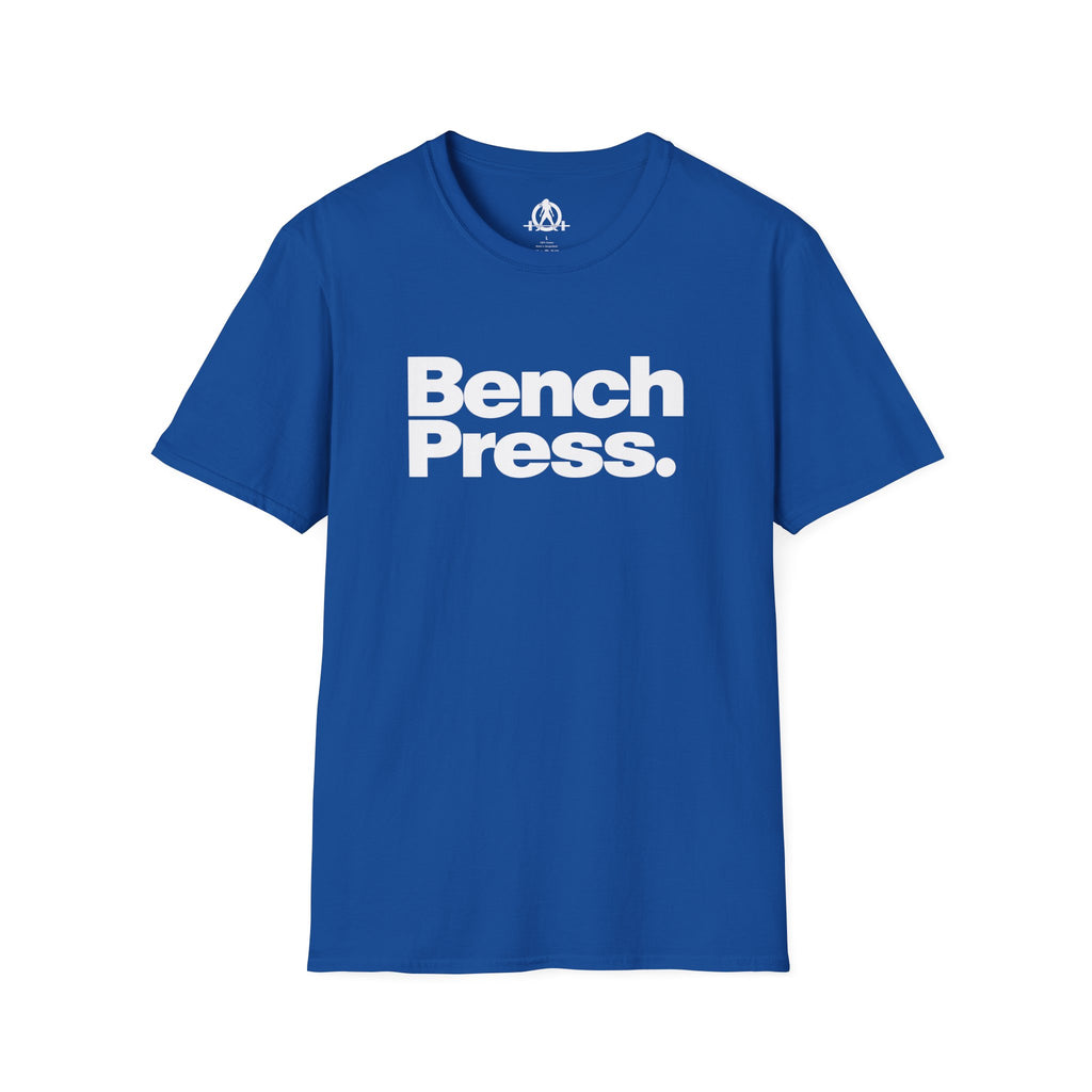 Bench Press -  Unisex Softstyle T-Shirt — White Logo Front & Back