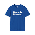 Bench Press -  Unisex Softstyle T-Shirt — White Logo Front & Back