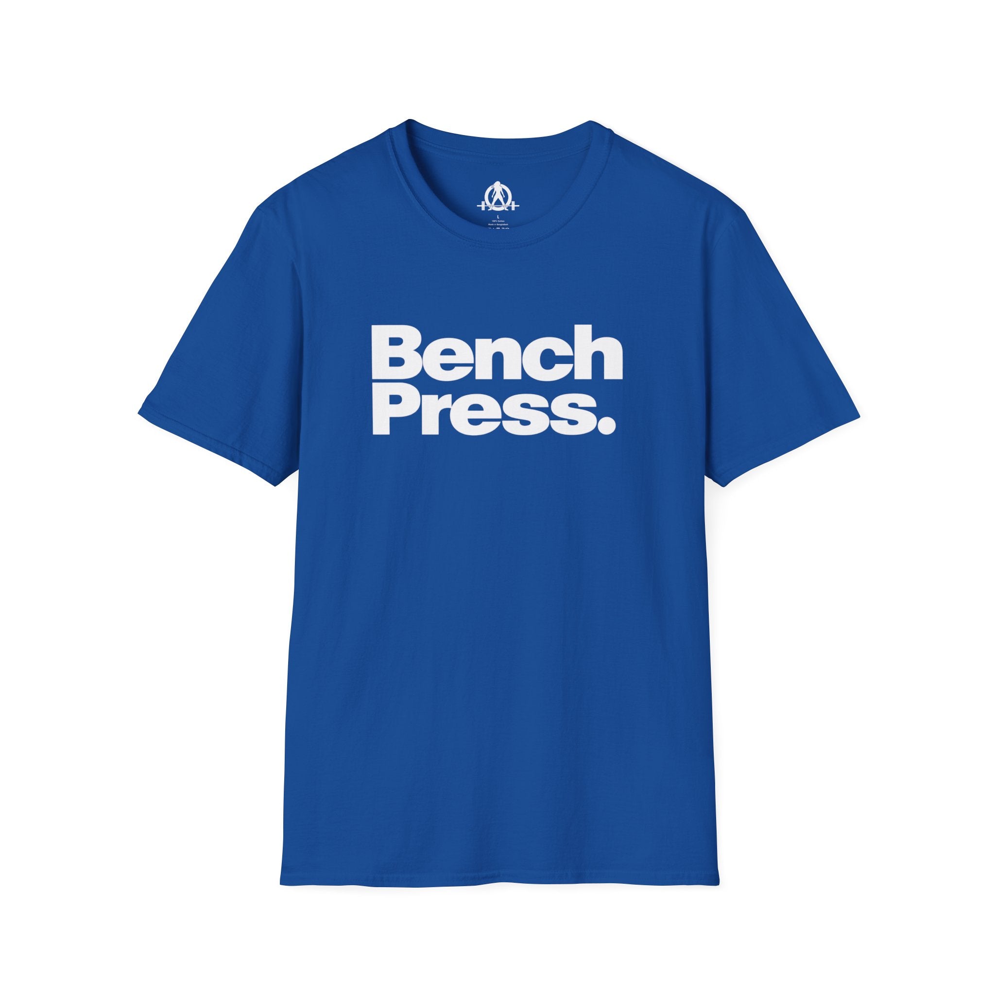 Bench Press -  Unisex Softstyle T-Shirt — White Logo Front & Back
