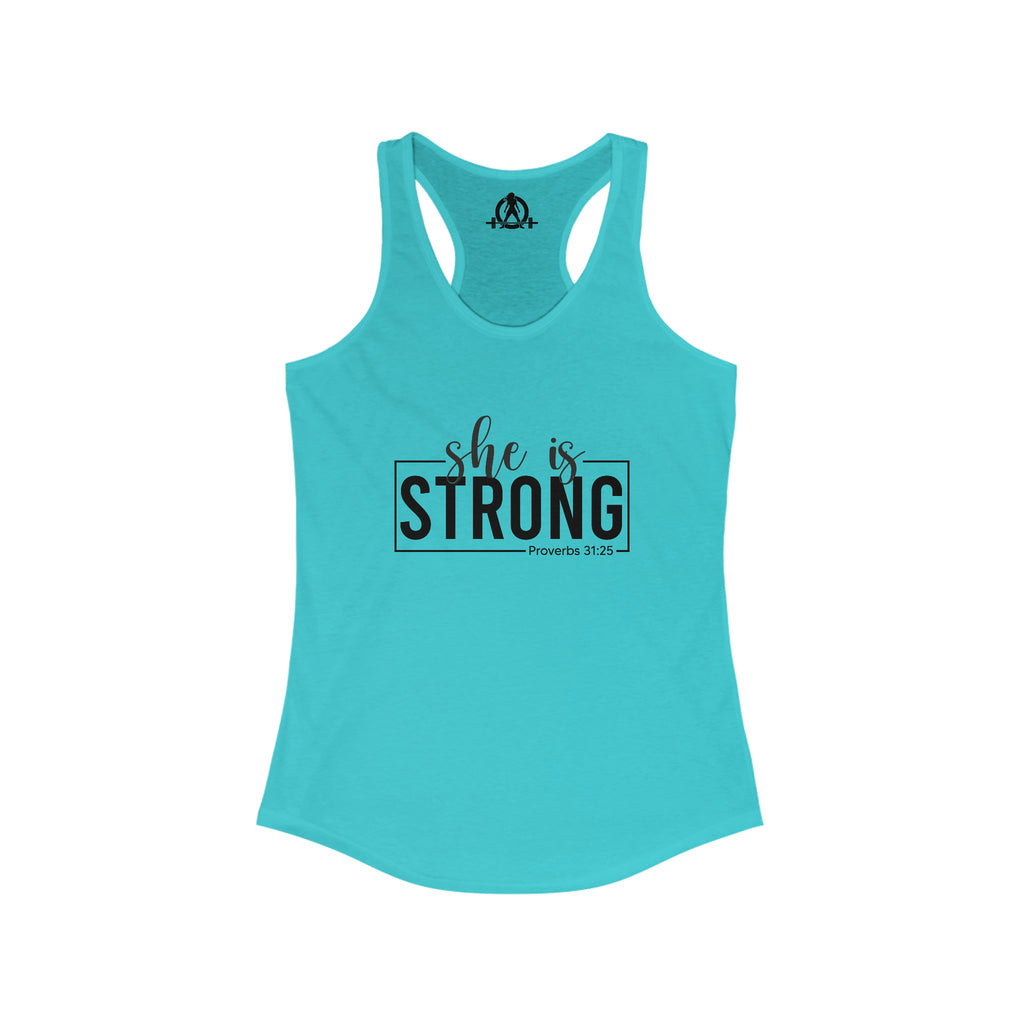 She is STRONG - Women's Ideal Racerback Tank - Black Logo Front Plain Back