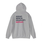 WWLW “Squat • Bench • Deadlift • Repeat” Hoodie - Black Logo Back