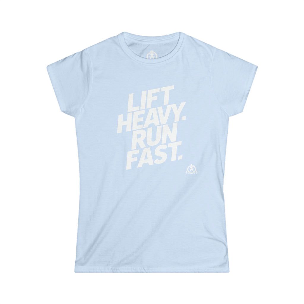 Lift Heavy Run Fast - Women's Softstyle Tee - White Front Logo