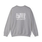 ALL I NEED IS COFFEE and a Barbell - Unisex Heavy Blend™ Crewneck Sweatshirt - Distressed Logo - Front & Back