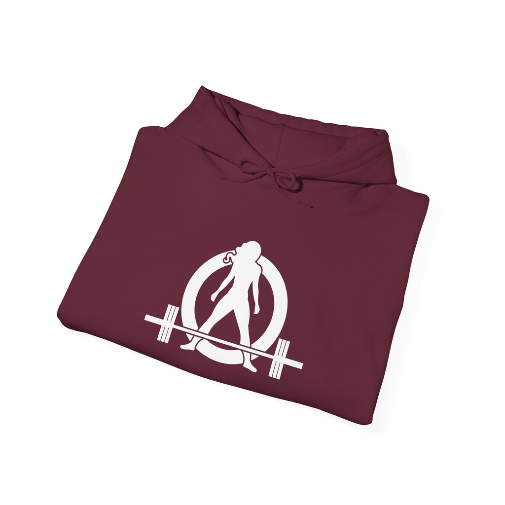 ALL I NEED IS COFFEE and a barbell - Unisex Heavy Blend Hooded Sweatshirt - White Logo Front & Back