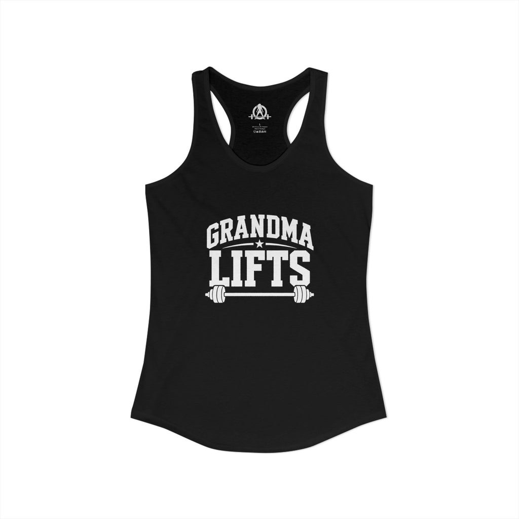 Grandma Lifts - Women's Ideal Racerback Tank - Black Logo Front Plain Back