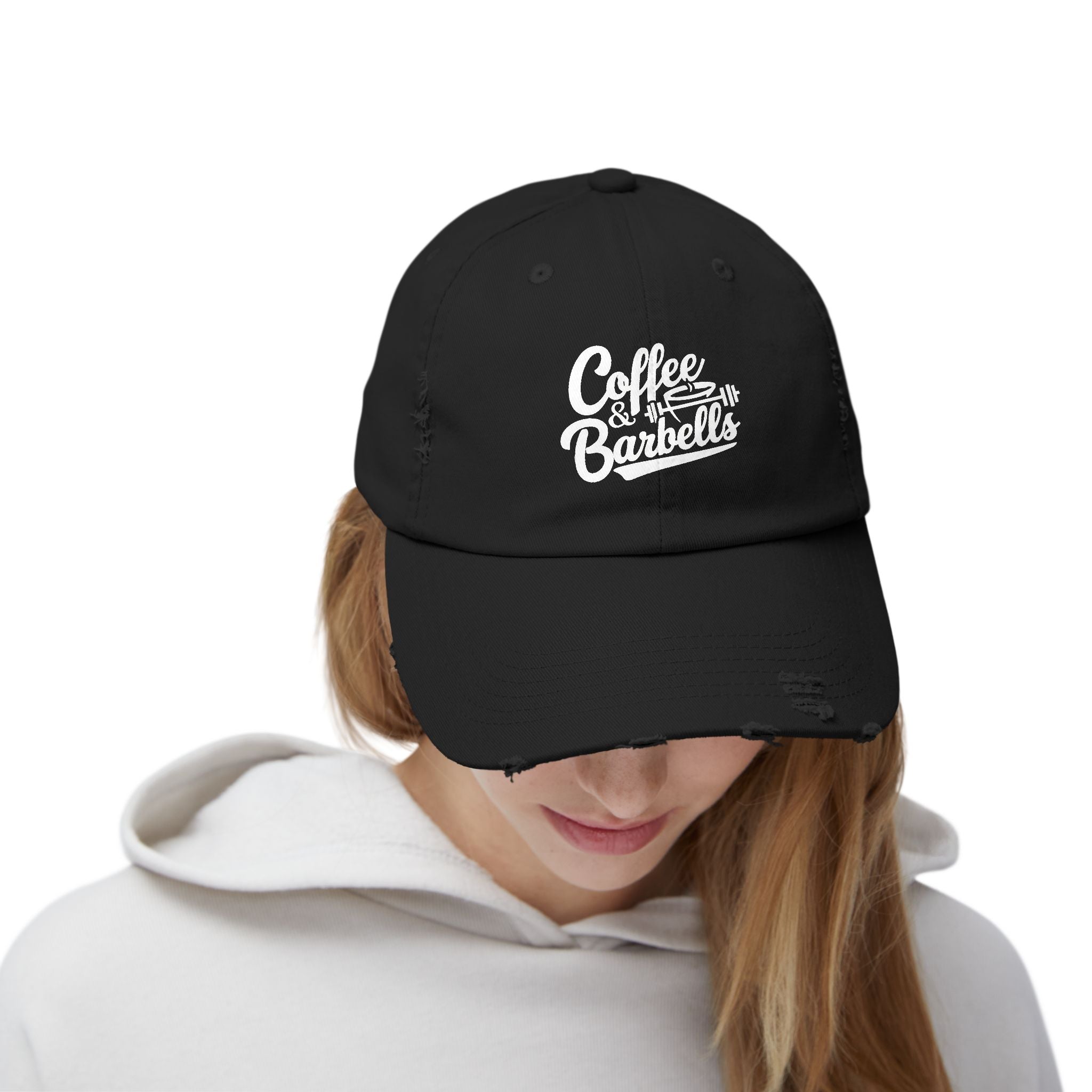 Coffee & Barbells - Unisex Distressed Cap - White Logo