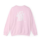Lift Heavy Run Fast - Unisex Heavy Blend™ Crewneck Sweatshirt - White Logo Front & Back