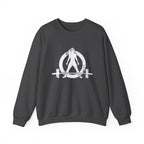 ALL I NEED IS COFFEE and a Barbell - Unisex Heavy Blend™ Crewneck Sweatshirt - Distressed Logo - Front & Back