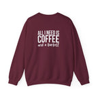 ALL I NEED IS COFFEE and a Barbell - Unisex Heavy Blend™ Crewneck Sweatshirt - Distressed Logo - Front & Back
