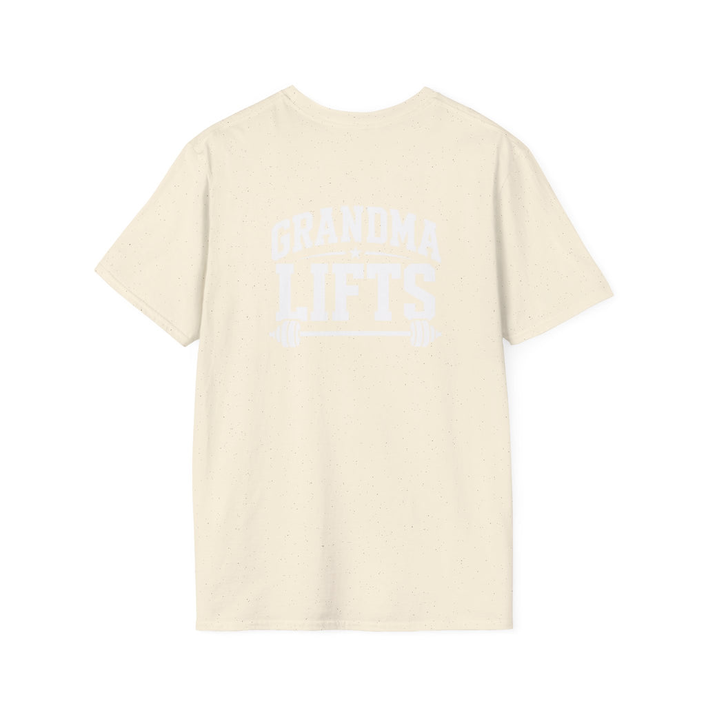 Grandma Lifts -  Unisex Softstyle T-Shirt — White Logo Front & Back