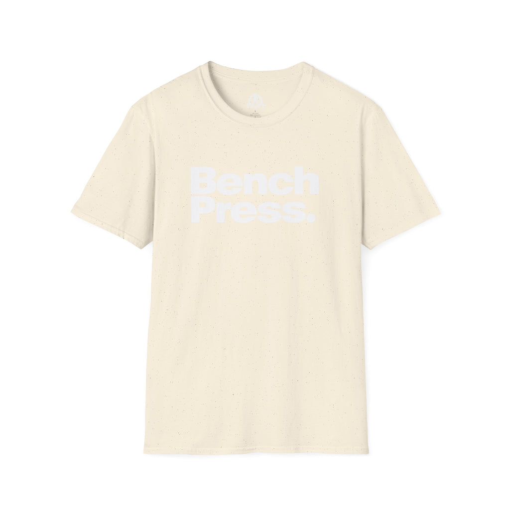 Bench Press -  Unisex Softstyle T-Shirt — White Logo Front & Back