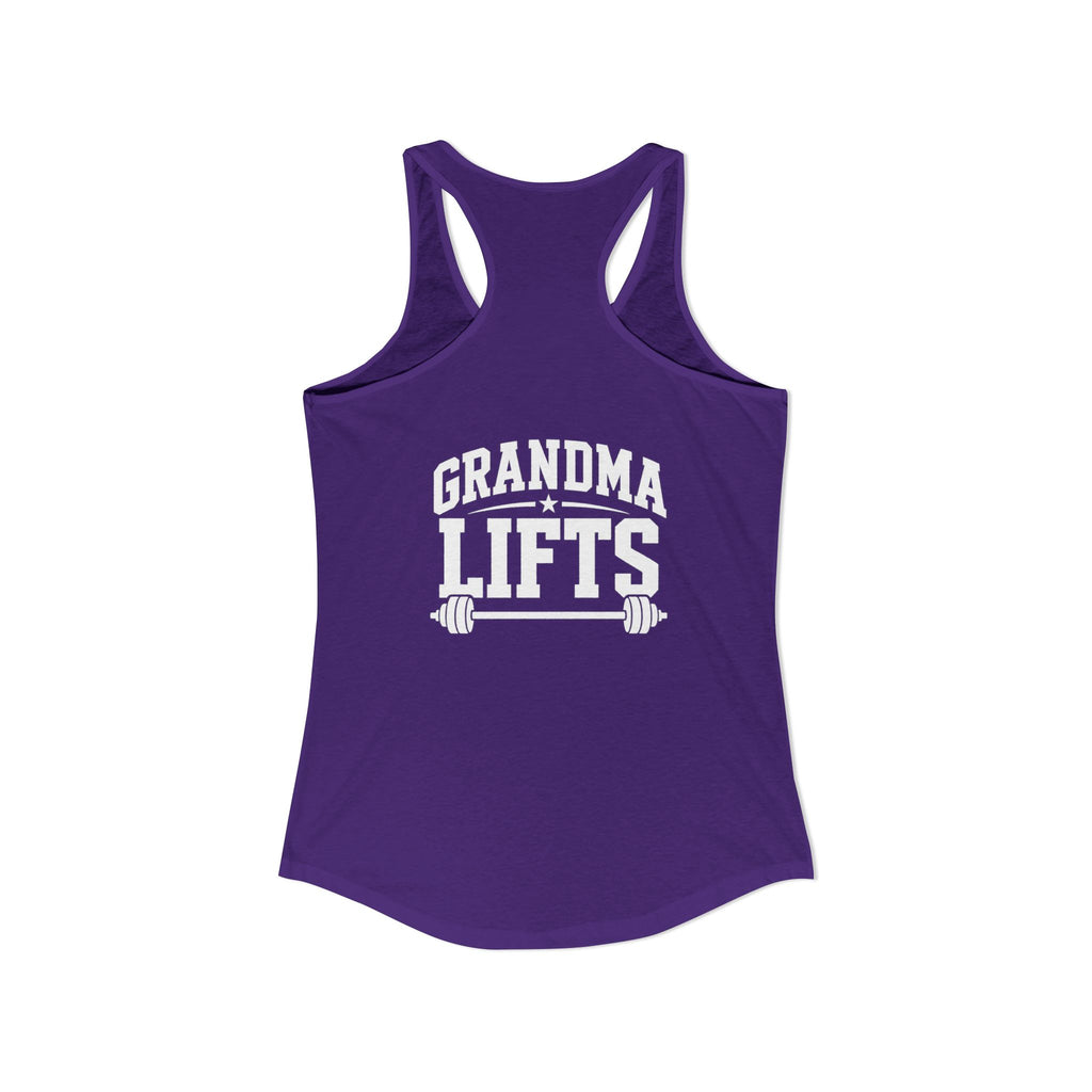 Grandma Lifts - Women's Ideal Racerback Tank - White Logo Front & Back