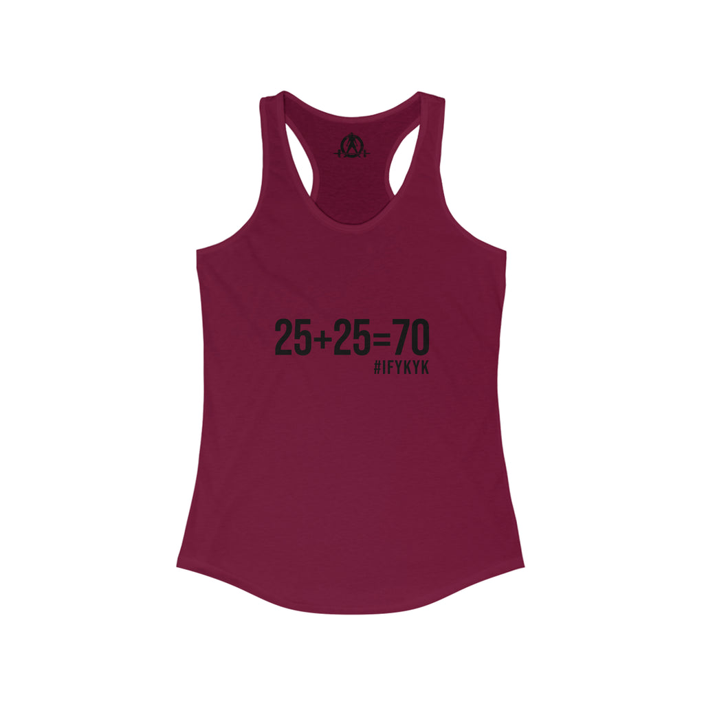 25 + 25 = 70 Women's Ideal Racerback Tank - Black Print Front & Plain Back