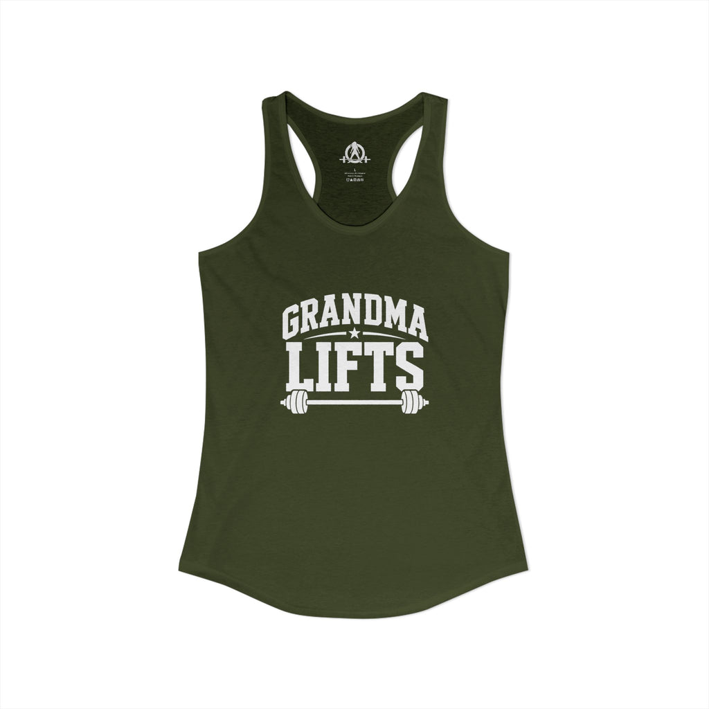 Grandma Lifts - Women's Ideal Racerback Tank - Black Logo Front Plain Back
