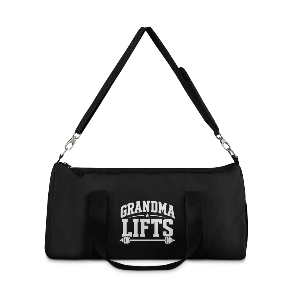 Grandma Lifts Gym Duffel Bag — Black & White Logo