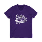 Coffee & Barbells - Unisex Jersey Short Sleeve V-Neck Tee - White Logo Plain Back