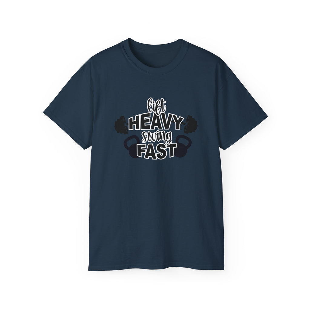 Lift Heavy Swing Fast - Unisex Ultra Cotton Tee - Black Logo Plain Back