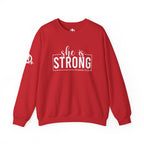 She is STRONG - Unisex Heavy Blend™ Crewneck Sweatshirt - Front White Logo - Plain Back
