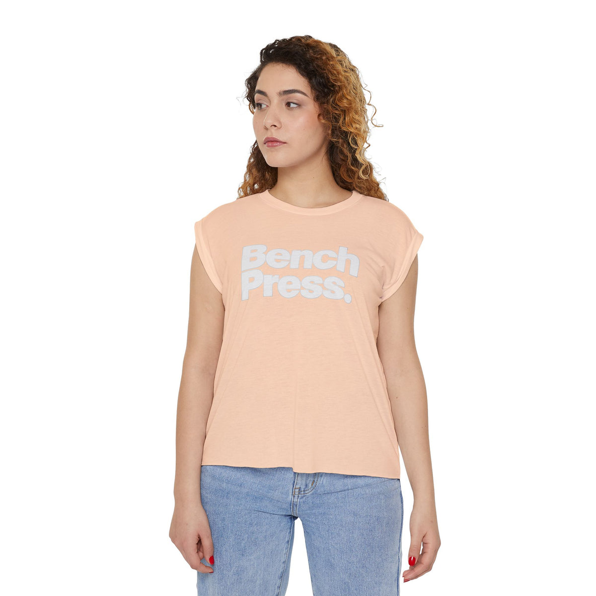 Bench. Press. Women’s Muscle Tee — Flowy Rolled Cuff Gym Top