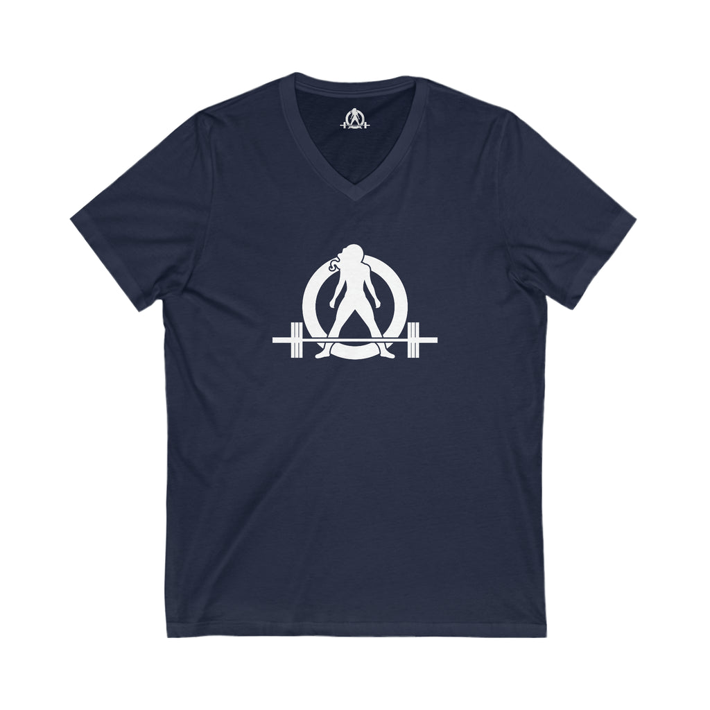 Goal Weight Strong AF - Unisex Jersey Short Sleeve V-Neck Tee - Front & Back White Print