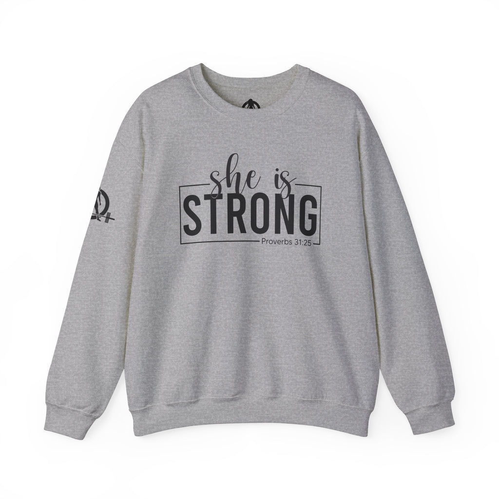 She is STRONG - Unisex Heavy Blend™ Crewneck Sweatshirt - Front Black Logo - Plain Back