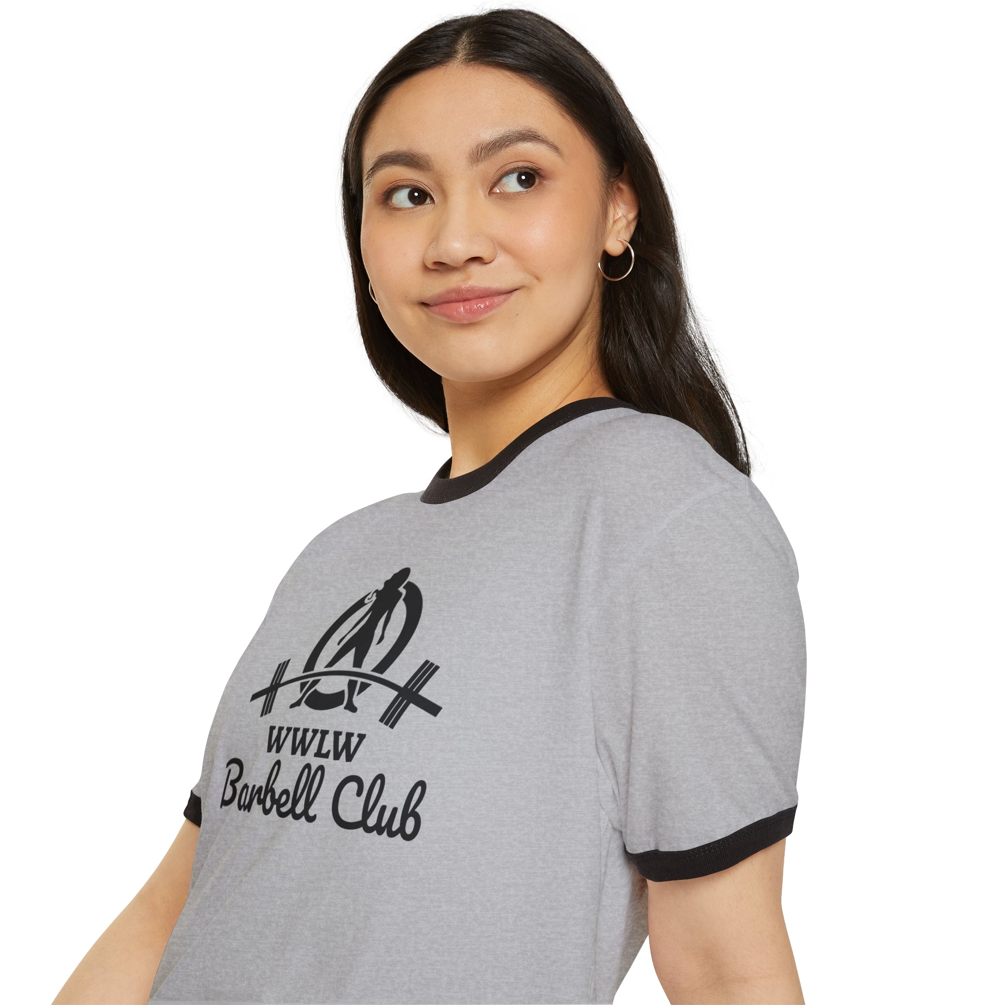 WWLW Barbell Club - Unisex Cotton Ringer T-Shirt - Black Logo Plain Back