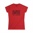 ALL I NEED IS Coffee & A Barbell - Women's Softstyle Tee - Front Logo Plain Back