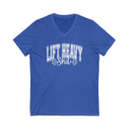 Lift Heavy Shit - Unisex Jersey Short Sleeve V-Neck Tee - White Logo Plain Back
