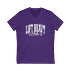 Lift Heavy Shit - Unisex Jersey Short Sleeve V-Neck Tee - White Logo Plain Back