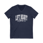 Lift Heavy Shit - Unisex Jersey Short Sleeve V-Neck Tee - White Logo Plain Back