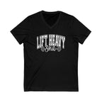 Lift Heavy Shit - Unisex Jersey Short Sleeve V-Neck Tee - White Logo Plain Back