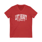 Lift Heavy Shit - Unisex Jersey Short Sleeve V-Neck Tee - White Logo Plain Back