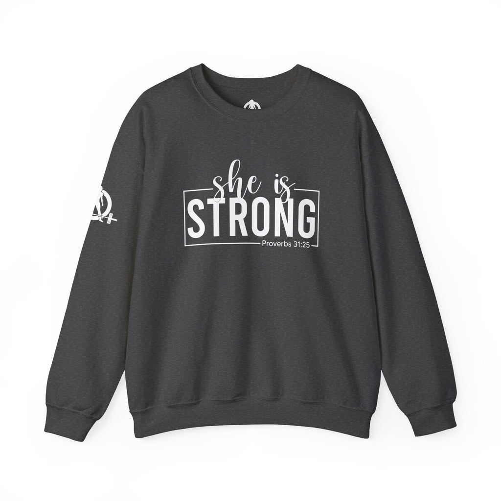 She is STRONG - Unisex Heavy Blend™ Crewneck Sweatshirt - Front White Logo - Plain Back