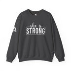 She is STRONG - Unisex Heavy Blend™ Crewneck Sweatshirt - Front White Logo - Plain Back