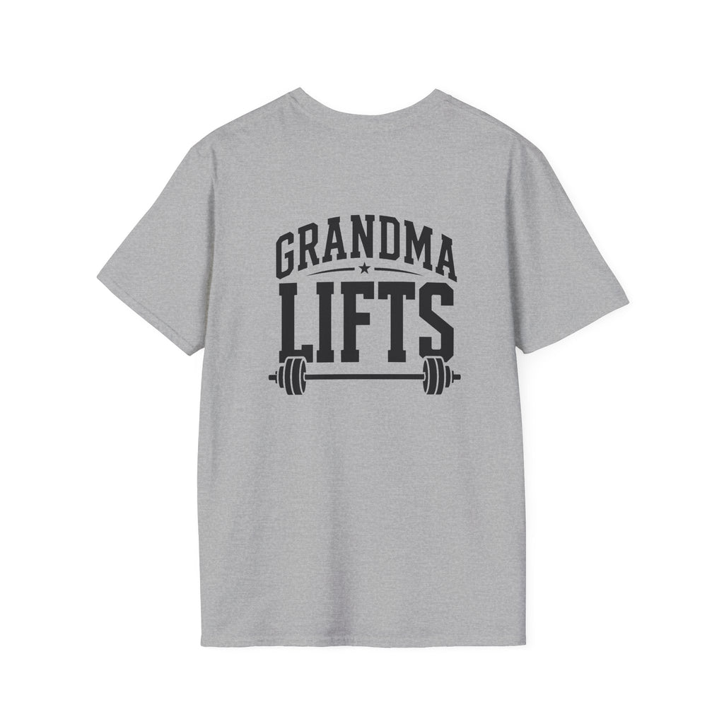 Grandma Lifts -  Unisex Softstyle T-Shirt — Front & Back Black Logo