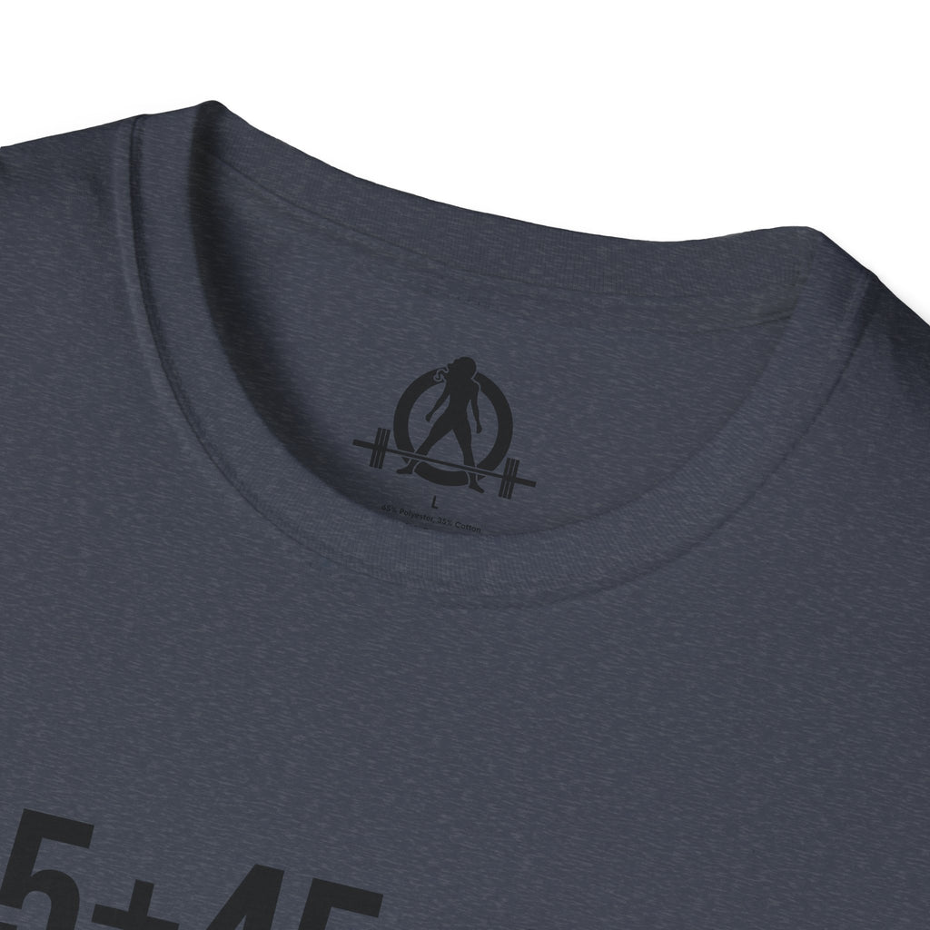 45 + 45 = 135 - Unisex Softstyle T-Shirt - Black Print on Front Plain Back