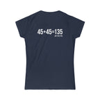 45 + 45 = 135 – Women’s Softstyle Tee | White Logo, Front & Back