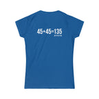 45 + 45 = 135 – Women’s Softstyle Tee | White Logo, Front & Back