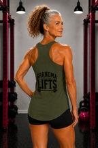 Grandma Lifts - Women's Ideal Racerback Tank - White Logo Front & Back